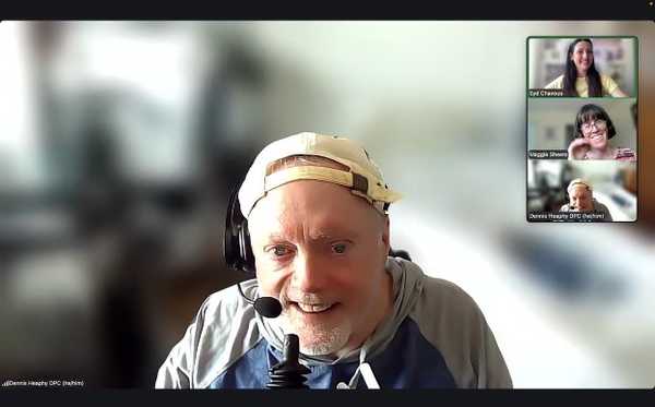 a screenshot of a Zoom window in speaker view featuring a white person with a backwards hat (Dennis). Three small Zoom gallery windows on the right of the recording screenshot show a white presenting person with long dark hair, a white person with short dark hair and glasses, and Dennis again.